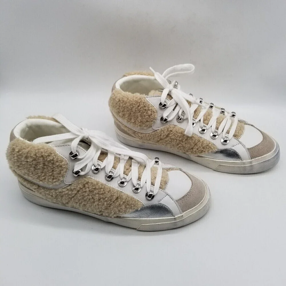 Marc Fisher Women Merin‎ 2 Sneakers Fur Trim White Leather 8